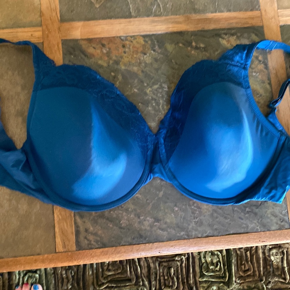 Gently worn. Lace embellished teal underwire, comfortable,plunging neckline